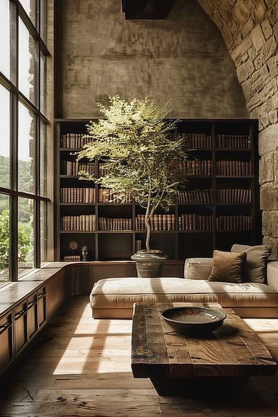 The scene is of a cozy interior space with a large bookshelf filled with books dominating one wall. A floor-to-ceiling window lets in natural light that casts soft shadows across the wooden floor. A potted tree is placed in front of the bookshelf, adding a touch of greenery to the room. There is a low wooden table at the center, on top of which is a shallow bowl. A cushioned bench and a few throw pillows create a comfortable seating area. Cozy reading nook with a large bookshelf, natural light, and a potted tree.