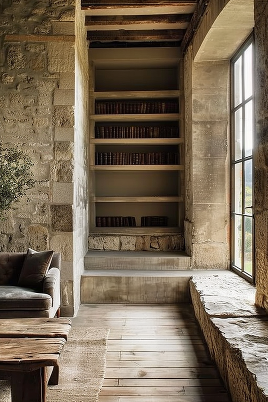 A cozy reading nook with a stone wall on one side and a tall window illuminating a built-in bookshelf full of books, complemented by a plush armchair and a rustic wooden bench on a hardwood floor. Cozy reading corner with bookshelf, armchair, wooden bench, and tall window in a room with stone and concrete elements.