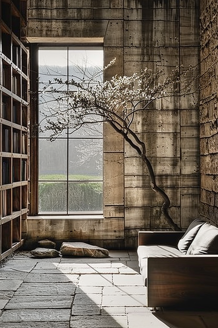 The scene captures a serene interior space with a modern yet rustic aesthetic, featuring a tall concrete wall with visible formwork marks to the right. A flourishing, delicate tree is positioned near a large window that floods the space with natural light and offers a view of greenery outside. The floor is an amalgam of stone tiles and wood, contributing to the organic feel of the environment. A wooden bookshelf filled with books spans the left side of the wall, leading to a cozy seating area with a simple, elegant daybed adorned with a couple of pillows. The tranquil atmosphere is palpable, suggesting a perfect nook for reading and reflection. Serene interior with concrete walls, a flourishing tree by the window, and a cozy daybed.