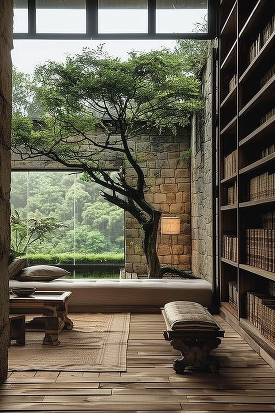 The scene presents a serene interior space that brings together elements of nature and comfort. A large, leafy tree is visible through a generous window, establishing a tranquil connection with the lush greenery outside. The room features a high ceiling with exposed beams, harmonizing with the naturalistic atmosphere. To the right, a full bookshelf reaches the ceiling, suggesting a cozy reading nook. The flooring is made of warm-toned wood planks, and a textured rug spans the foreground, adding to the room's earthy textures. A cushioned, low-profile platform bed occupies the space near the window, accompanied by minimalist pillows for relaxation or meditation. Below the window, an understated light fixture casts a soft glow on the stone wall, further enhancing the ambiance. A traditional wooden stool with an item resting on it is positioned in the foreground. Overall, the space exudes a calm and scholarly vibe, inviting relaxation amidst a natural setting. ALT: Cozy reading nook with floor-to-ceiling bookshelf, wooden flooring, and a tranquil view of a tree through a large window.