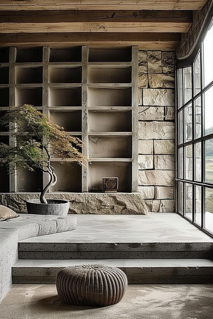 A modern interior corner featuring a large window with a view of nature, a stone wall, an empty bookshelf, a bonsai tree on a stand, and a textured pouf on a concrete floor. Rustic modern room corner with empty shelves, bonsai tree, and floor pouf.