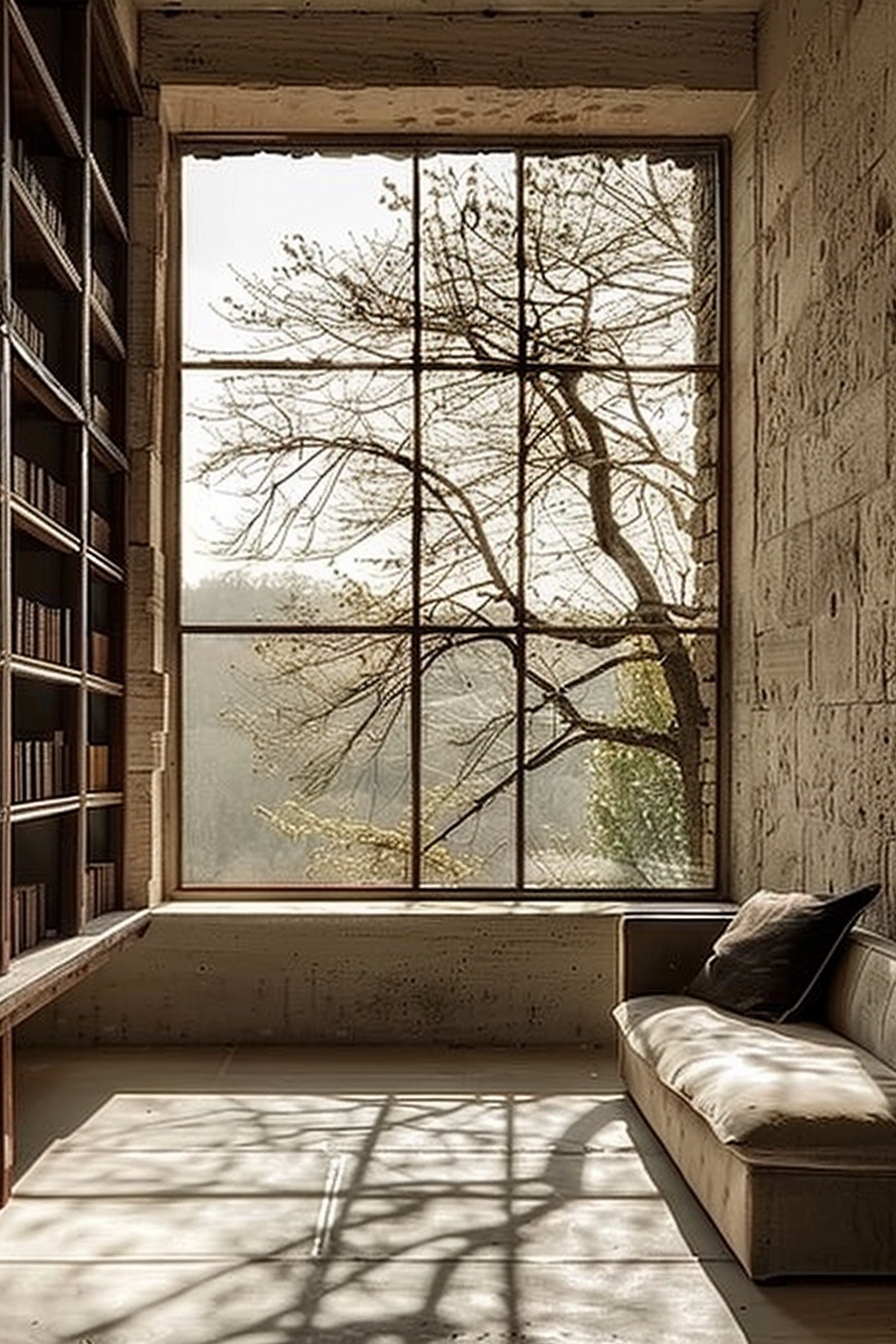 The scene captures a cozy reading nook by a large window with a view of tree branches outside. Sunlight filters through, casting shadows on the floor. A bookshelf full of books is to the left of the window, and a padded bench with a single cushion provides a comfortable seating area for reading and relaxing. Sunlit reading corner with a window view of trees, a bookshelf, and a padded bench.