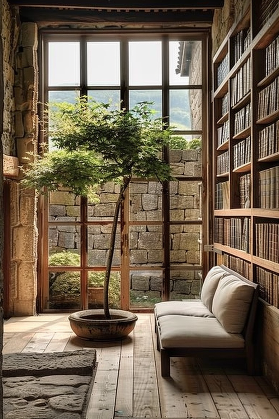 The scene is a cozy reading nook with a large window that provides a view of the outdoors. In front of the window, there's a potted tree, likely a bonsai, adding a touch of greenery. To the right, there's a bookshelf filled with books, reflecting a studious atmosphere. A plush lounge chair with cushions invites one to relax and is positioned perfectly for someone to either read or enjoy the view. The floor appears to be made of wooden planks, and there is a significant stone design embedded within the planking, contributing to the rustic charm of the space. Natural light streams in, bathing the interior in a warm glow. Cozy reading corner with window, bonsai tree, bookshelf, and lounge chair in a rustic setting.