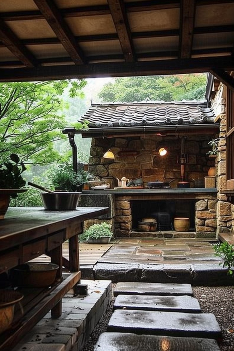 The scene shows a rustic outdoor kitchen under a shelter with a wooden beam ceiling. There's a large wooden preparation table on the left, fitted with a basin and cooking pots, and a stone hearth used for cooking on the right. The hearth is built into a stone wall, and there's a chimney extending upwards, suggesting traditional cooking methods are used here. In front of the kitchen, stepping stones lead away through wet ground, indicating recent rain. The kitchen opens to an area with vibrant greenery, and daylight suggests it's daytime, albeit overcast. Traditional outdoor kitchen with wooden table and stone hearth on a rainy day.