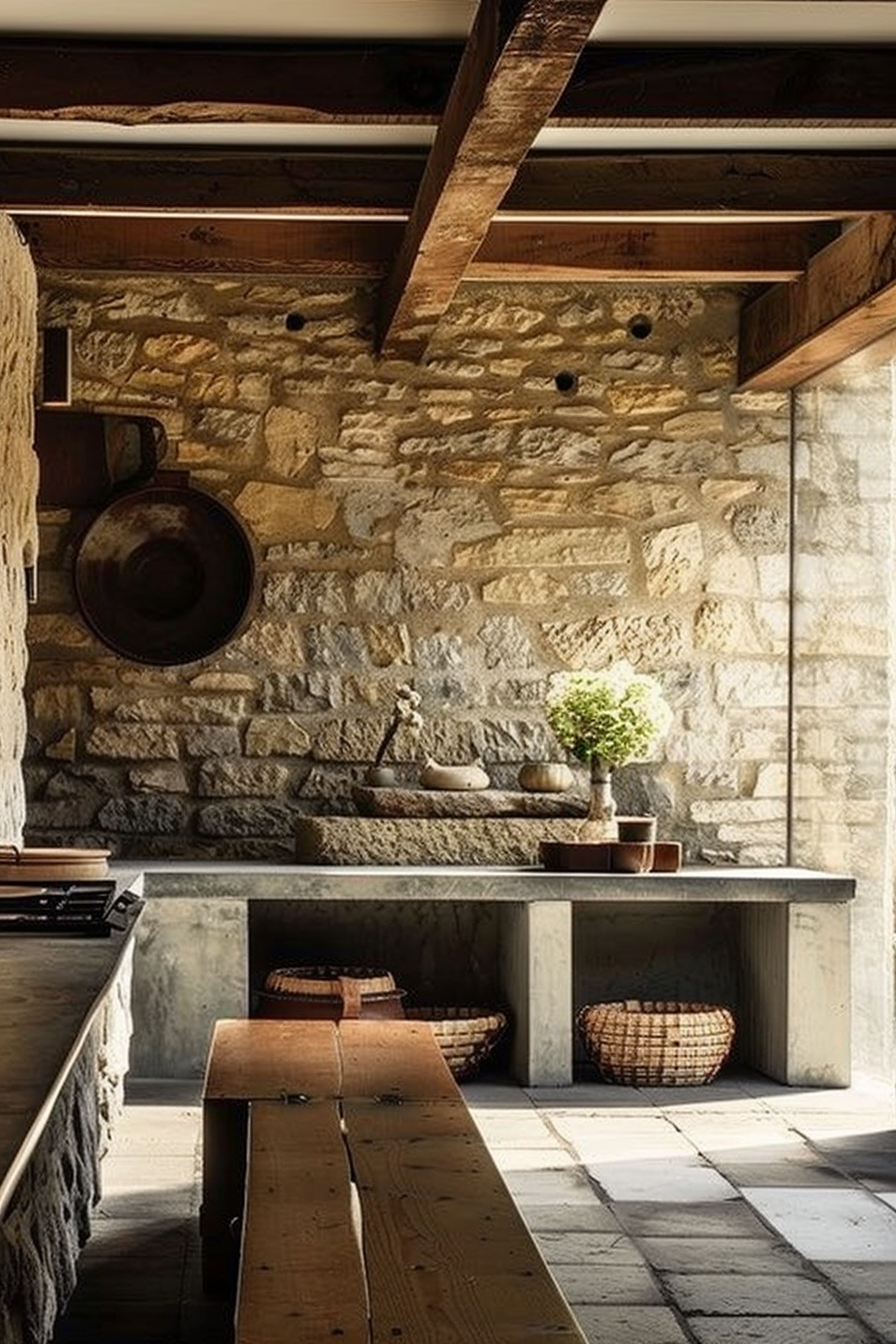 The scene is a rustic kitchen interior featuring walls built with stone masonry. Exposed wooden beams accentuate the ceiling while natural light floods the space, highlighting a concrete countertop. There is a wooden dining table accompanied by a bench in the foreground. Various kitchenware and a small potted plant are placed on the countertop. On the floor, two woven baskets are tucked neatly under the counter. Rustic kitchen with stone walls, concrete countertops, wooden beams and table, with natural lighting.
