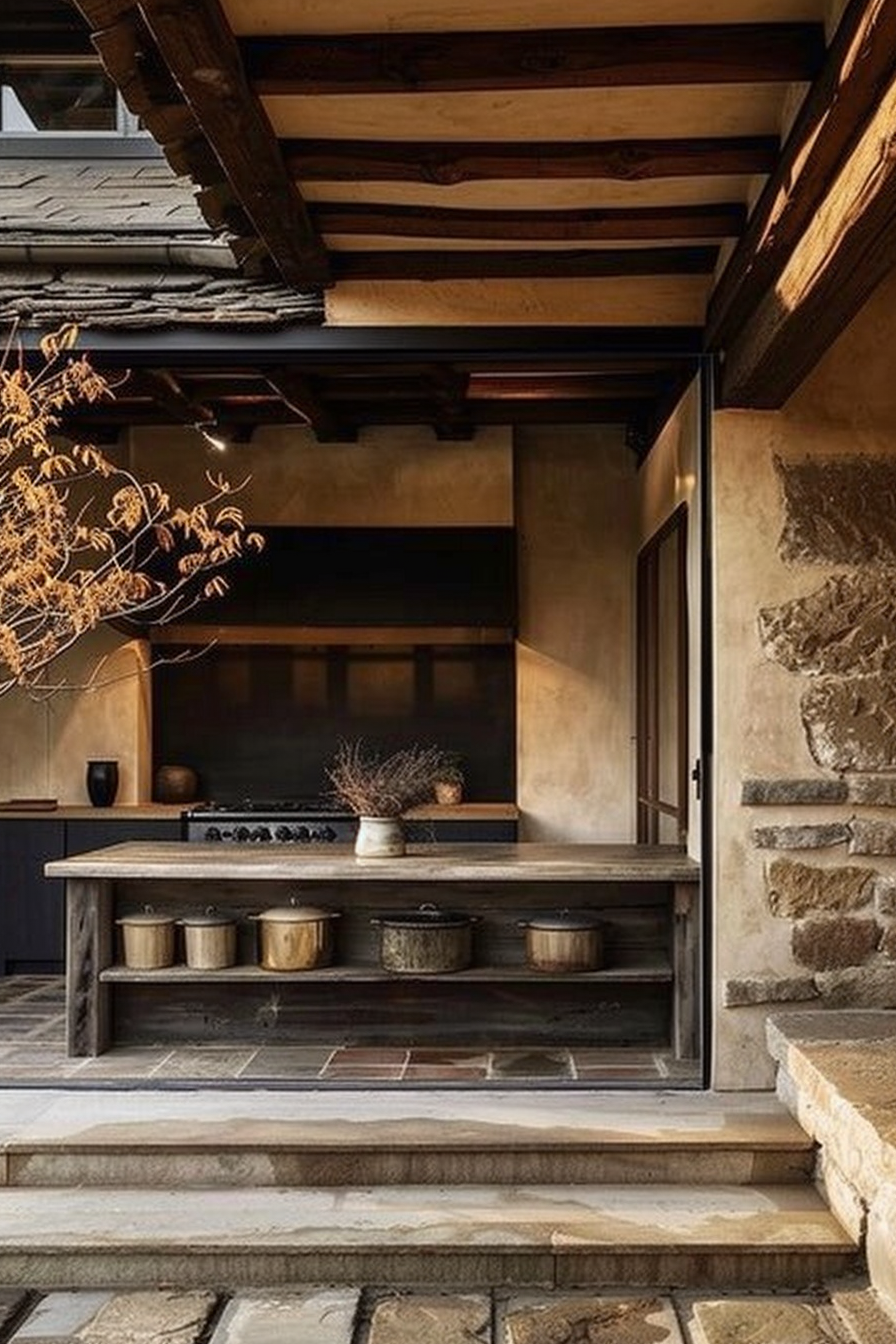 The scene presents a rustic outdoor kitchen with a traditional stone structure. The eaves of a tiled roof hang over a wooden countertop that holds an assortment of metallic pots and a bouquet of dried plants. Stone steps lead up to the area, while a dark wood frame outlines the entrance to the building. The kitchen exudes a calm and warm aesthetic through the natural textures and earthy tones of the materials used. Traditional rustic outdoor kitchen with wooden countertop, metallic pots, and dried plants under the eaves of a stone building.