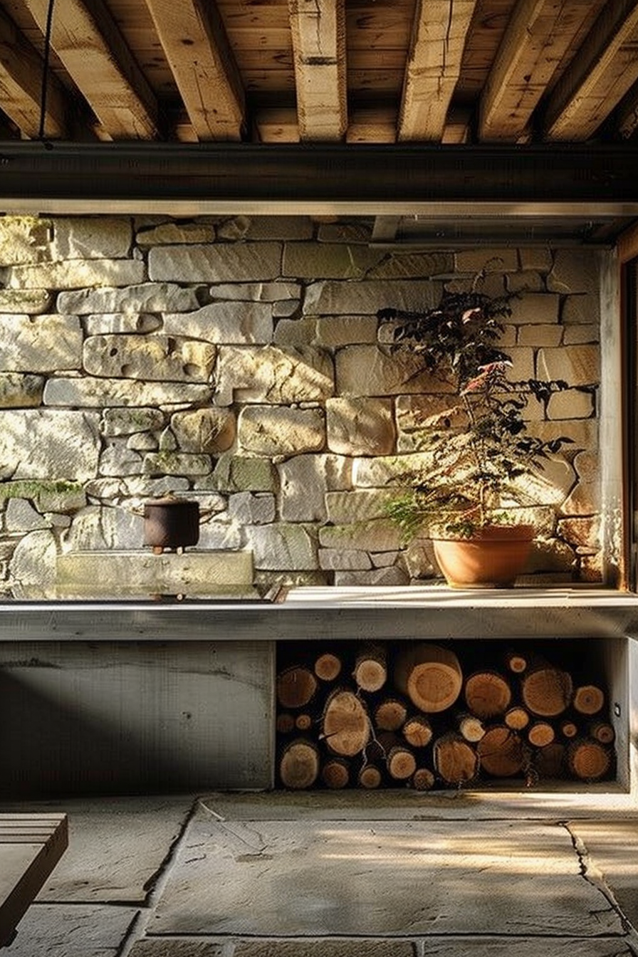 In the scene, a rustic stone wall is bathed in soft, warm light. A wooden beam ceiling is visible above, and there's a large, open window without glass. A shelf under the window holds a pot with a green plant and a small cauldron on top of the stone wall. Below the shelf, a neatly stacked pile of firewood is stored in an alcove. In the foreground, a stone floor extends out of the bottom edge of the frame. Warmly lit rustic stone wall with plant on window ledge and neatly stacked firewood below.