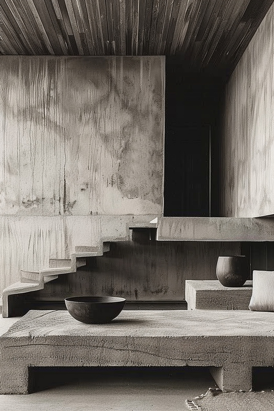 The scene shows a minimalist interior space with concrete architecture. A wooden ceiling with linear patterns complements the raw concrete walls and built-in furniture. A large, low-lying concrete platform appears to serve as a seating area, adorned with a dark bowl, a cushion, and a textured rug partially visible at the bottom. There are steps leading up to a doorway shrouded in shadow, creating a stark contrast between the light and dark elements within the room. Minimalist interior with concrete walls, steps, and a platform with a bowl and cushion.