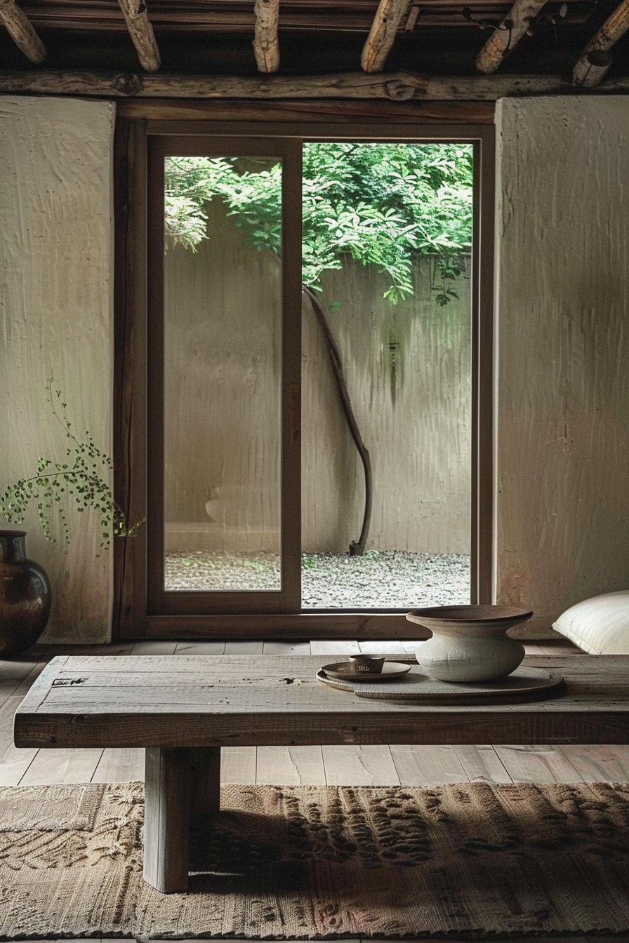 The scene features a serene and rustic interior space with a focus on natural textures and materials. In the foreground, a sturdy wooden table holds a bowl and a dish, setting a minimalistic tone. An indistinct large vase sits on the floor to the side, partly cut out of view. Underneath the table, a textured woven rug lines the wooden floor, enhancing the room's warm, earthy atmosphere. The background is defined by a glass door framed by rough, white walls which opens to a tranquil garden space. The garden is simple, with pebbles on the ground, and a lush green tree is visible, implying a connection with nature. Traditional wooden table with pottery in a rustic room with a view to a zen garden.