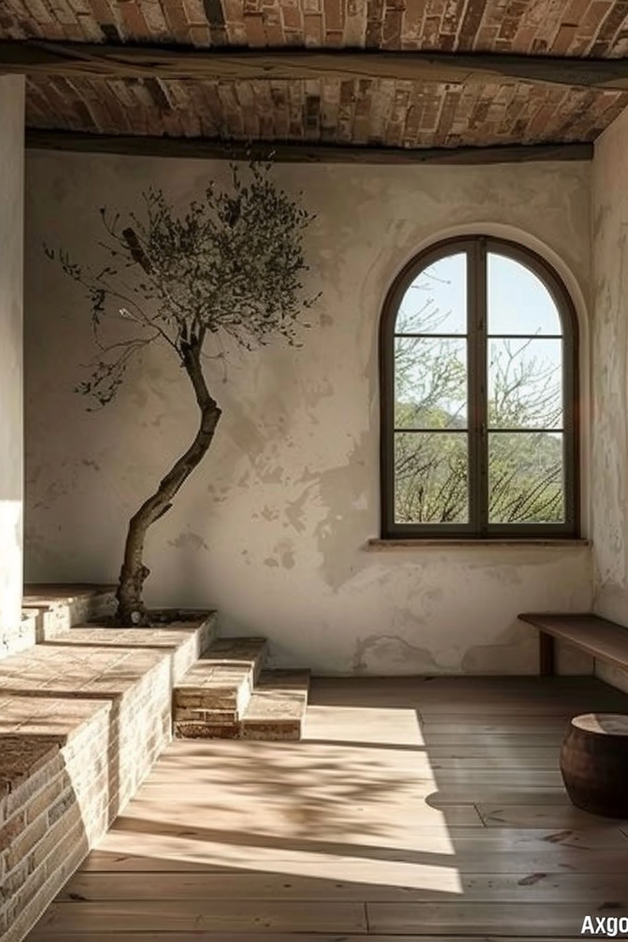 The scene is of a peaceful interior space with rustic charm. A curved, leafless tree is painted on a distressed plaster wall, perfectly aligning with a real tree seen through an arched window, creating a harmonious blend of art and nature. Sunlight filters into the room, casting gentle shadows on the wooden floor. A brick-framed platform and bench add to the room's serene ambiance, inviting contemplation or rest. Rustic interior with painted tree on wall aligning with real tree outside window.