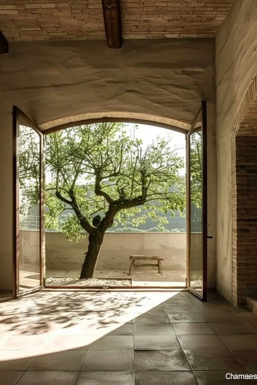 The photo shows an arched glass doorway opening up to a serene courtyard. A mature, leafy tree stands prominently in the center of the courtyard, its foliage extending beyond the frame, suggesting a lush and peaceful setting. Characters at the bottom right corner suggest the photo might be attributed to an entity known as Chamaes. Cast light and shadows from the tree dance across the tiled floor, while a simple wooden bench waits invitingly against the far wall, partially bathed in sunlight. Leafy tree visible through an arched doorway with scattered shadows on the ground and a wooden bench in the courtyard.