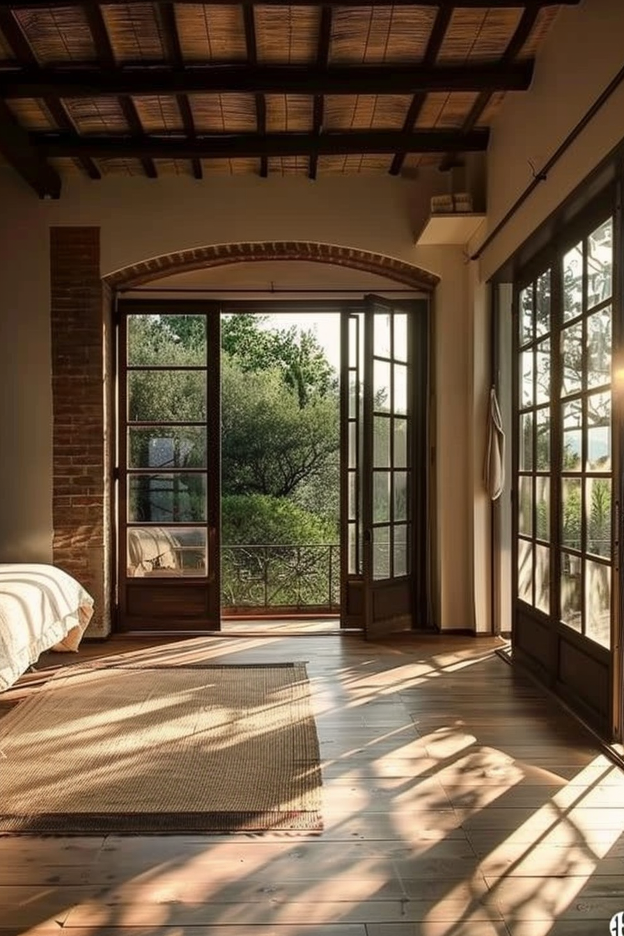 The scene is of a cozy room with a rustic aesthetic, featuring terracotta floors and a traditional wooden beamed ceiling. The room is filled with natural light streaming through large French doors that open to a balcony overlooking lush greenery. A woven mat lies on the floor, inviting a step towards the tranquil outdoors. The serene atmosphere is enhanced by the warm sunlight casting soft shadows across the room, suggesting a peaceful morning or afternoon in a tranquil setting. Sunlit rustic room with wooden floors and ceiling, open French doors leading to a balcony with greenery.