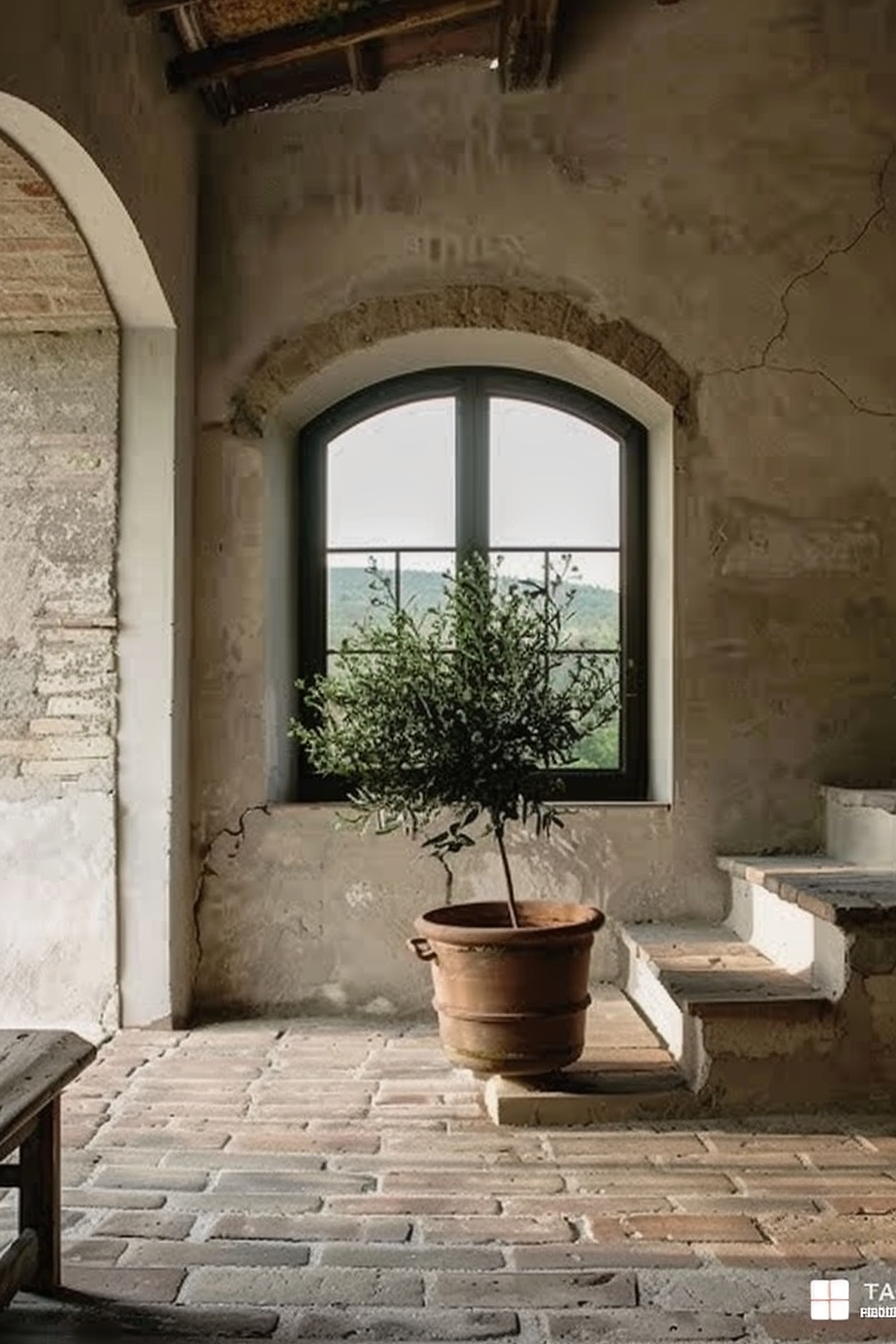 The scene is set inside an old rustic room with weathered plaster walls and a terracotta tiled floor. A large arched window framed with stone protrudes from the wall, offering a view of a serene, green landscape outside. In front of the window sits a terracotta pot with a small leafy tree. On the left, there's a simple wooden bench against the wall, and on the right, two white steps leading up to another space are visible. Rays of soft light filter through the window, casting a warm hue over the tranquil scene. Old rustic room with terracotta pot and tree in front of an arched window displaying a green landscape.