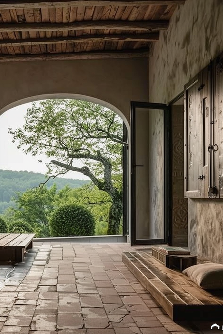 The scene captures a view looking out from a rustic interior through an arched open doorway. The doorway leads to a terrace paved with rectangular stones, where part of a wooden bench can be seen on the right side, creating a tranquil spot for relaxation. Beyond the terrace, a lush green tree and rolling hills provide a picturesque and serene natural landscape, inviting a sense of calm and connection with nature. Terrace view through an arched door with a wooden bench and serene green landscape.