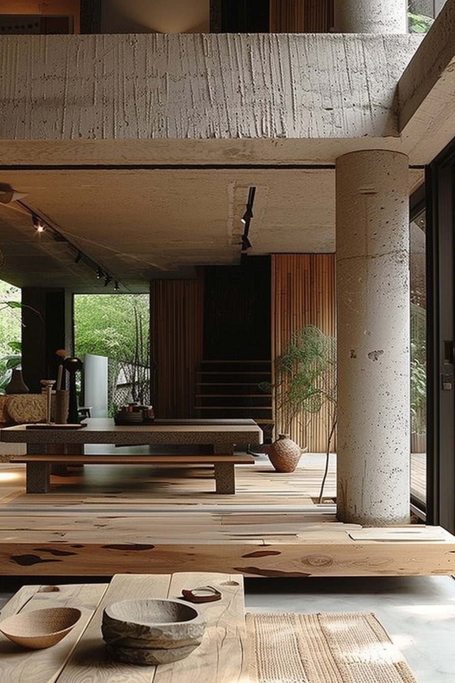 The scene displays a cozy and modern interior space dominated by natural materials and textures. Visible are a wood-plank floor with intentional imperfections, a large concrete column, and a low-slung wooden table, accompanied by matching benches. The aesthetics mix industrial elements, such as the exposed concrete ceiling, with organic details like the potted plant and wood grains. Light filters in through large windows, and the open design features a staircase ascending to an upper level, partially screened by vertical wooden slats. Modern interior with wood plank flooring, concrete pillars, wooden furniture, and stairs behind slats.