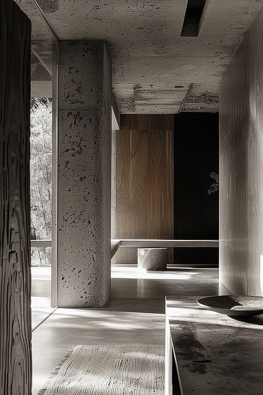 The scene depicts a modern architectural space characterized by its minimalist design. The room is composed of concrete and wood materials, creating a textural contrast. A concrete column with visible aggregates anchors the space, while wood panels give warmth to the walls. Light entering the space casts shadows and highlights the materials' natural textures, enhancing the serene and contemplative ambiance. A textured rug lies on the smooth concrete floor, adding an element of softness. Minimalist interior with concrete columns, wooden panels, and a textured rug.
