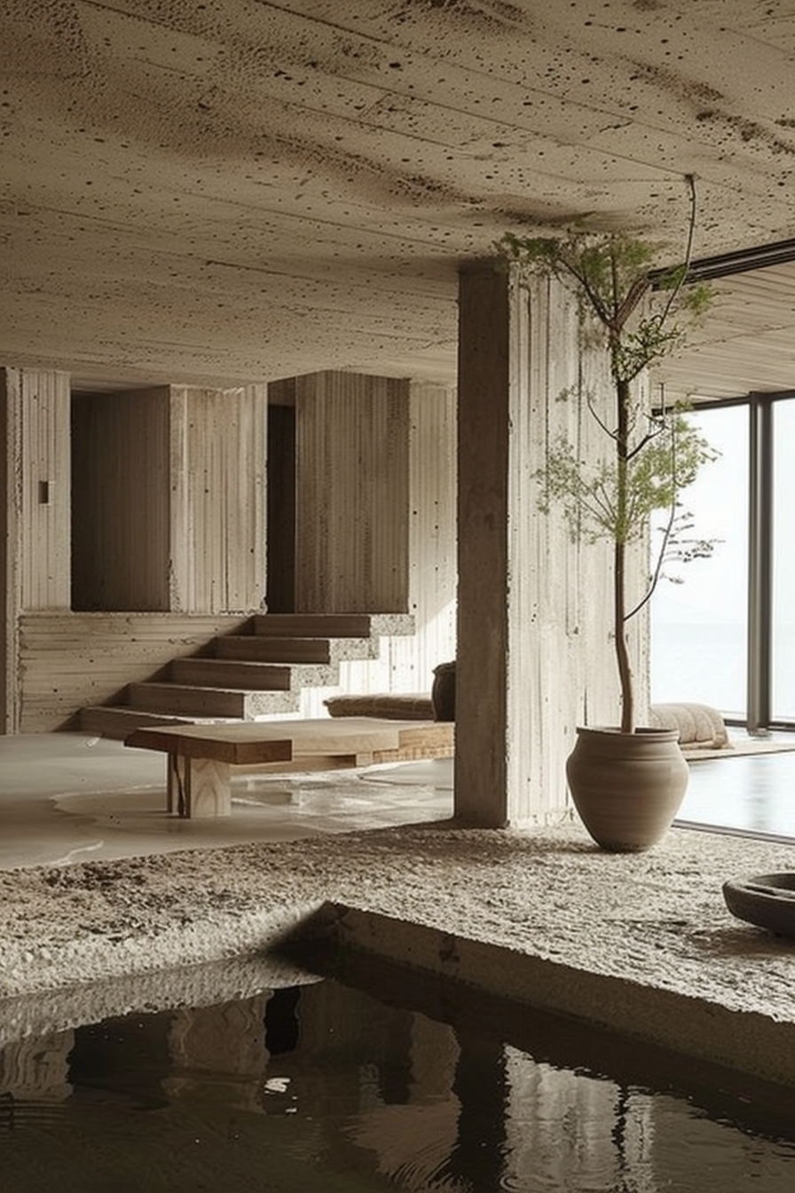 The scene reveals a modern interior space featuring raw concrete architecture. A set of floating wooden steps appears to lead to an upper area. The room employs a minimalist design, with a large potted plant providing a touch of greenery, a reflection of which is seen in a tranquil water feature at the base of the steps. Natural light flows through large glass windows in the background, hinting at a scenic view beyond. Minimalist concrete interior with floating wooden steps, a water feature, potted plant, and natural light.