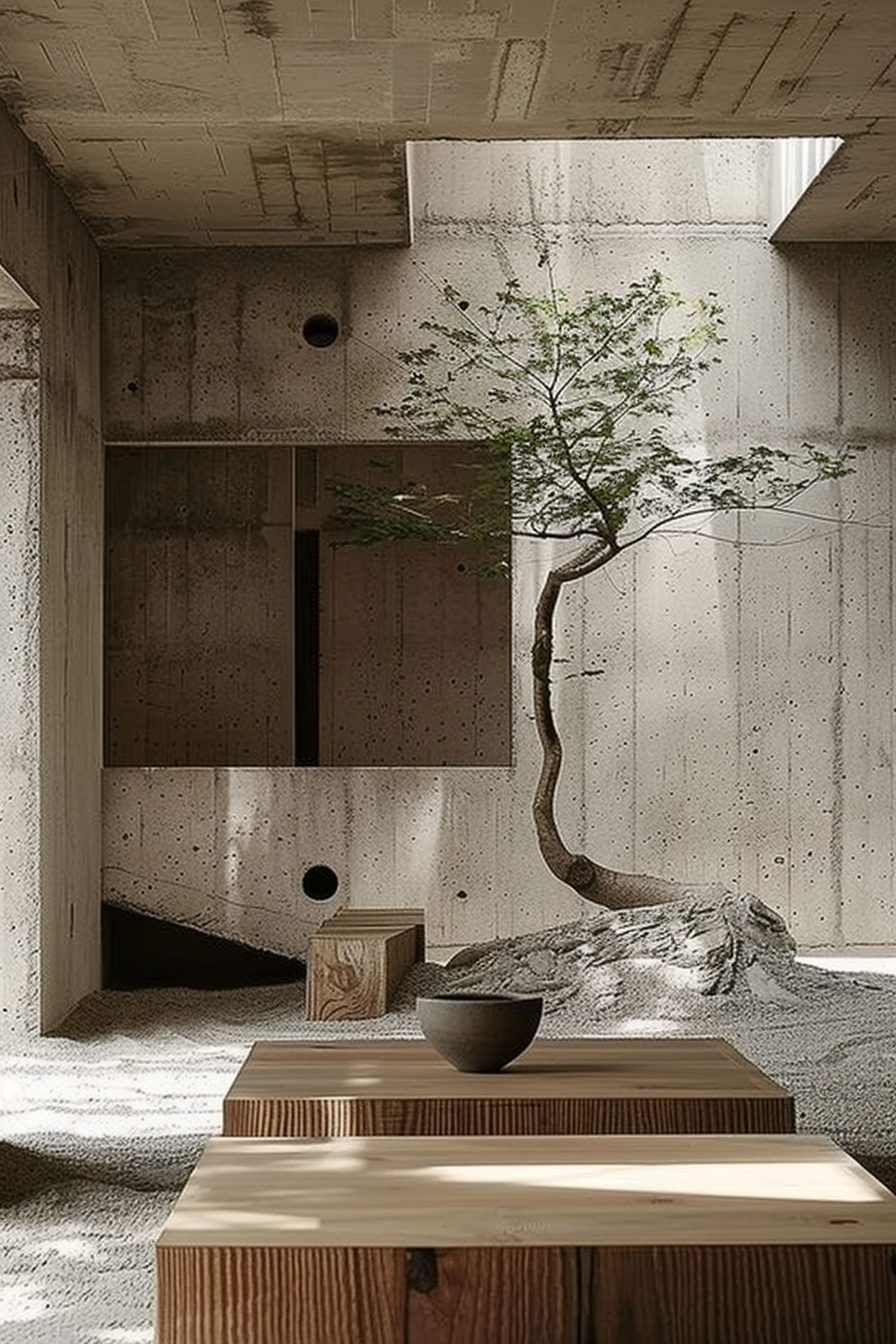 The scene is a serene interior space combining nature with modern architecture. A slender tree with green leaves grows gracefully through a rock base amidst a room with concrete walls. The ceiling is lined with shadow-casting beams, which complement a wooden bench, a few cubic wooden stools, and a simple bowl atop one surface. The harmony between organic and geometric forms creates a tranquil and minimalist aesthetic. Indoor space blending nature with modern design, featuring a tree growing through a rock and minimalist wooden furniture.