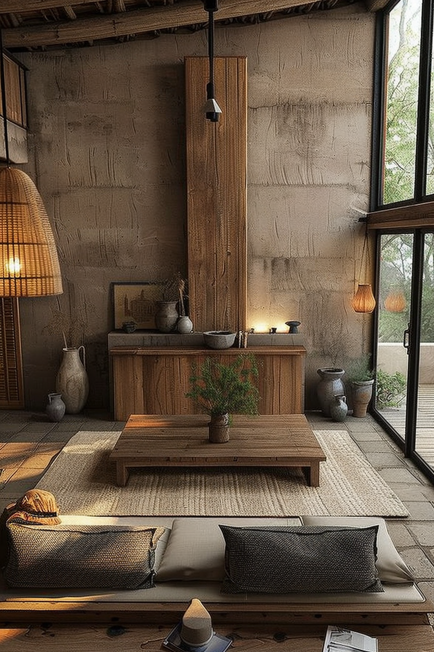 The scene shows a cozy, rustic indoor space with a Japanese influence. A low wooden table centers the room with a potted plant on top. Surrounding the table is a large beige mat, on top of which lies a wooden platform lined with cushions for seating. To the left, a tall, wicker floor lamp illuminates the space with a warm glow, matching the ambient light coming from modern hanging pendants. On the right side, a wooden sideboard contains various objects including bowls, vases, and a small lamp, hinting at the room's natural and minimalist aesthetic. Large windows with black frames allow natural light to enter, offering a view of greenery outside. The walls are textured with what appears to be clay or adobe plaster, enhancing the rustic feel. The overall atmosphere is tranquil and inviting. Cozy minimalist room with wooden furniture and rustic decor, accentuated by warm lighting and large windows.