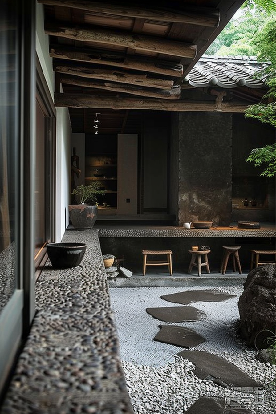 The scene unfolds in a peaceful Japanese-style courtyard with a Zen garden. A series of stepping stones creates a path through the garden's raked gravel, leading to an open, traditional wooden veranda. Above the veranda, the overhanging eaves of a classic tiled roof are visible, with wooden beams supporting the structure. The veranda itself features simple wooden stools and a large, rustic table or bench where various ceramic vessels rest, complementing the tranquil atmosphere. A potted plant provides a touch of greenery, contrasting with the muted tones of the space. Beyond the veranda, the dark interior of the house offers a view of a shelf with neatly arranged items, enhancing the minimalist aesthetic. Traditional Japanese courtyard with Zen garden and stepping stones leading to wooden veranda with rustic furnishings.