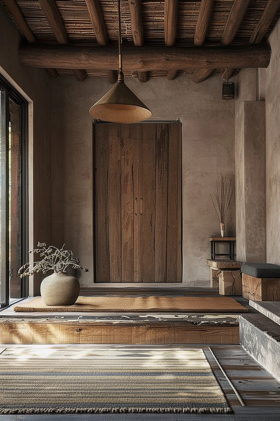 The scene is a rustic interior space with a warm, earthy ambiance. The room features a rough-textured, beige wall and a large wooden door with a dark, weathered finish. In the foreground, a striped area rug lies on the wooden floor. There's a raised wooden platform, and on top of it sits a rounded, textured vase holding dried plants. A pendant lamp with a conical shade hangs from the exposed wooden beam ceiling, illuminating the area. On the right, near another smaller window, there are stacked wooden crates or shelves holding what appears to be a vase and books. A cushioned bench with a dark fabric top is positioned at the platform's edge, suggesting a space designed for relaxation or contemplation. Cozy rustic interior with wooden door, pendant lamp, and bench, exuding a warm, natural aesthetic.