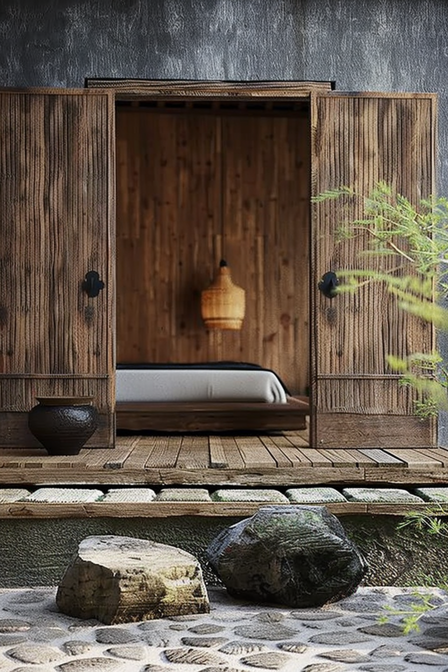 The scene shows a serene and traditional Japanese entryway to a wooden house. The open sliding doors reveal a view into a dimly lit room with a hanging lantern casting a warm glow. A single cushion sits on the low wooden entry platform, inviting a moment of rest. In the foreground, a carefully maintained zen garden features large stones, stepping stones, and a neatly raked sand path suggesting contemplation and tranquility. A lush green plant adds a touch of life to the composed and calming environment. Traditional Japanese wooden house entrance with zen garden and lantern.