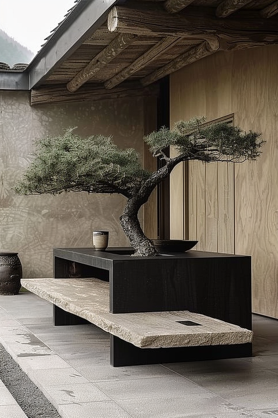 The scene is a serene and minimalist Japanese-style indoor setting. A small bonsai tree with a lush green canopy and a gnarled trunk is presented on an elegant dark bench, with a light stone top adding a natural contrast to the dark wood. The bench appears to be situated in a walkway or a contemplative space, as suggested by the clean tiled flooring that stretches beneath it. The wooden walls and a glimpse of the traditional roof structure enhance the tranquil atmosphere, emphasizing a sense of harmony with nature. Bonsai tree on a sleek bench with stone decor in a tranquil Japanese-style indoor setting.