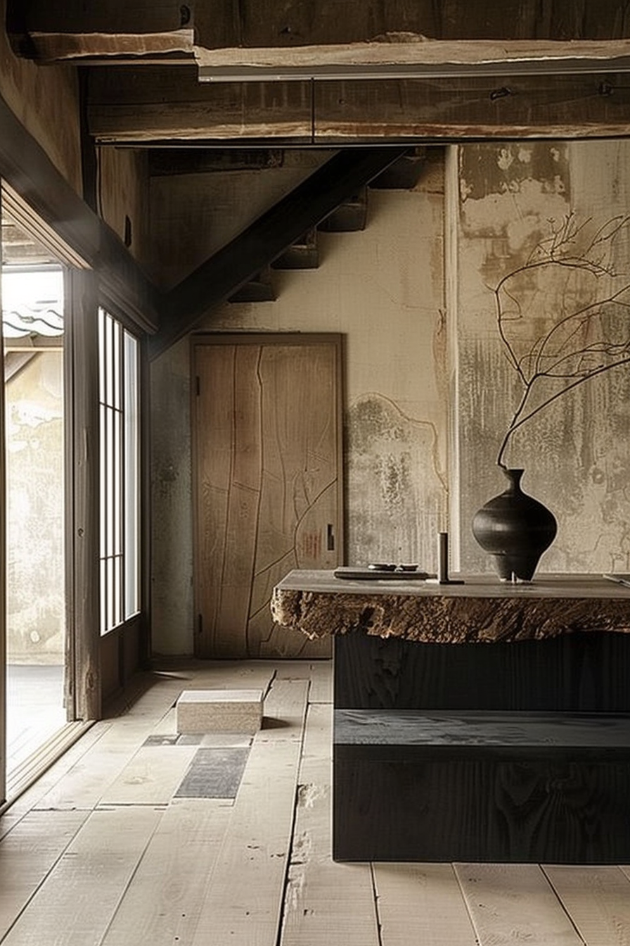 The photo shows a rustic interior setting with a wood and organic aesthetic. Exposed wooden beams and distressed plaster walls characterize the space. There is a natural wood bench with an uneven edge, atop which sits a black ceramic vase with a sprig of a dried plant. A wooden door with unique patterns is slightly ajar, and a traditional window with squared panes brings in natural light. The flooring is made of wide wooden planks that appear to be aged or reclaimed, contributing to the room's serene yet aged ambiance. Elegant wooden bench with decorative vase in a rustic room with natural light.