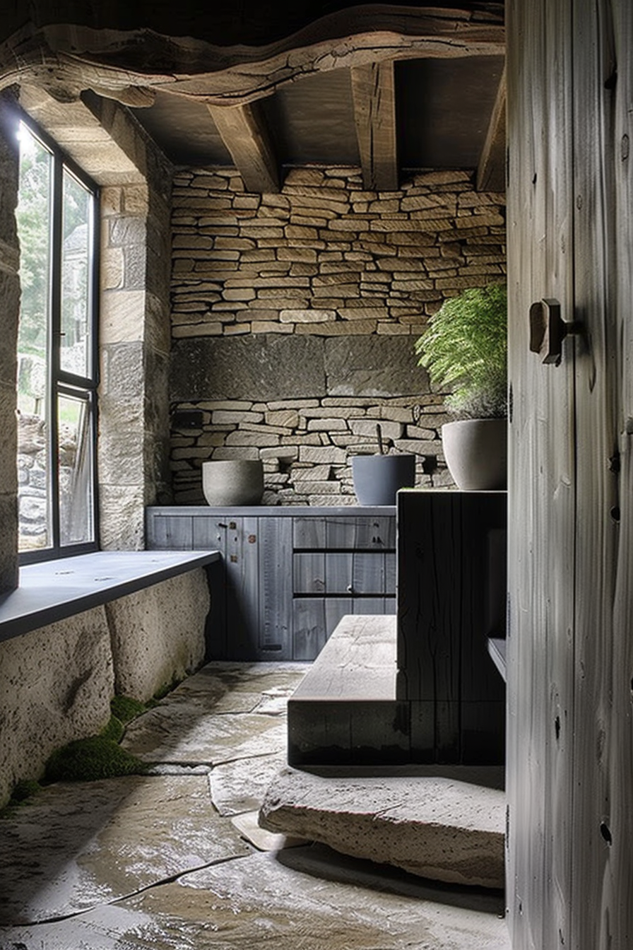 The scene is a rustic interior space with a focus on a variety of textures. A stone wall dominates the background, with an assortment of pottery perched on a flat, dark-colored surface that could be a cabinet or countertop. To the right, there's a vertical wooden element, suggesting a door or panel featuring a metal handle. On the left, a large window allows natural light to flood the room, casting shadows and highlighting the greenery of a potted plant placed on the surface. The flooring is natural, uneven stone that shows some signs of moss growth, possibly indicating the space's age or affinity with nature. Rustic interior with stone walls, wooden door, and greenery on a countertop bathed in natural light.