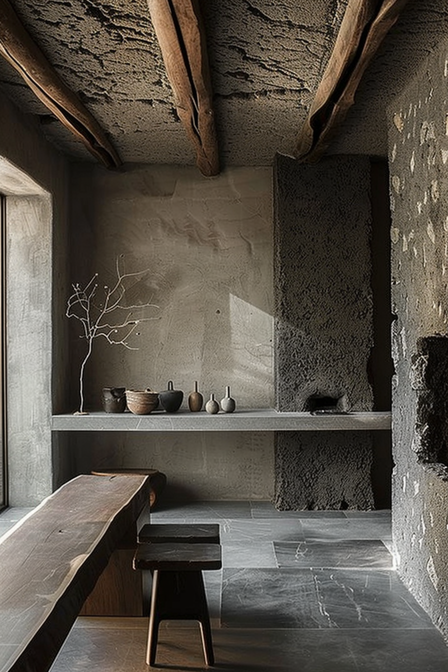 The scene appears to depict a minimalist and rustic interior space, likely part of a home or a display in a showroom. The room features natural textures, with a rough stone wall on the right and a concrete wall with an inset shelf on the left. The ceiling reveals exposed rough wooden beams, adding to the rustic aesthetic. The shelf holds various small pottery pieces in neutral tones that blend with the environment and a delicate twig with small buds. In the foreground, there's a solid wood bench accompanied by a smaller, darker stool on flagstone flooring, which further emphasizes the natural and understated style of the space. Modern minimalist interior with rustic textures including a wooden bench, flagstone floors, and a shelf with pottery.