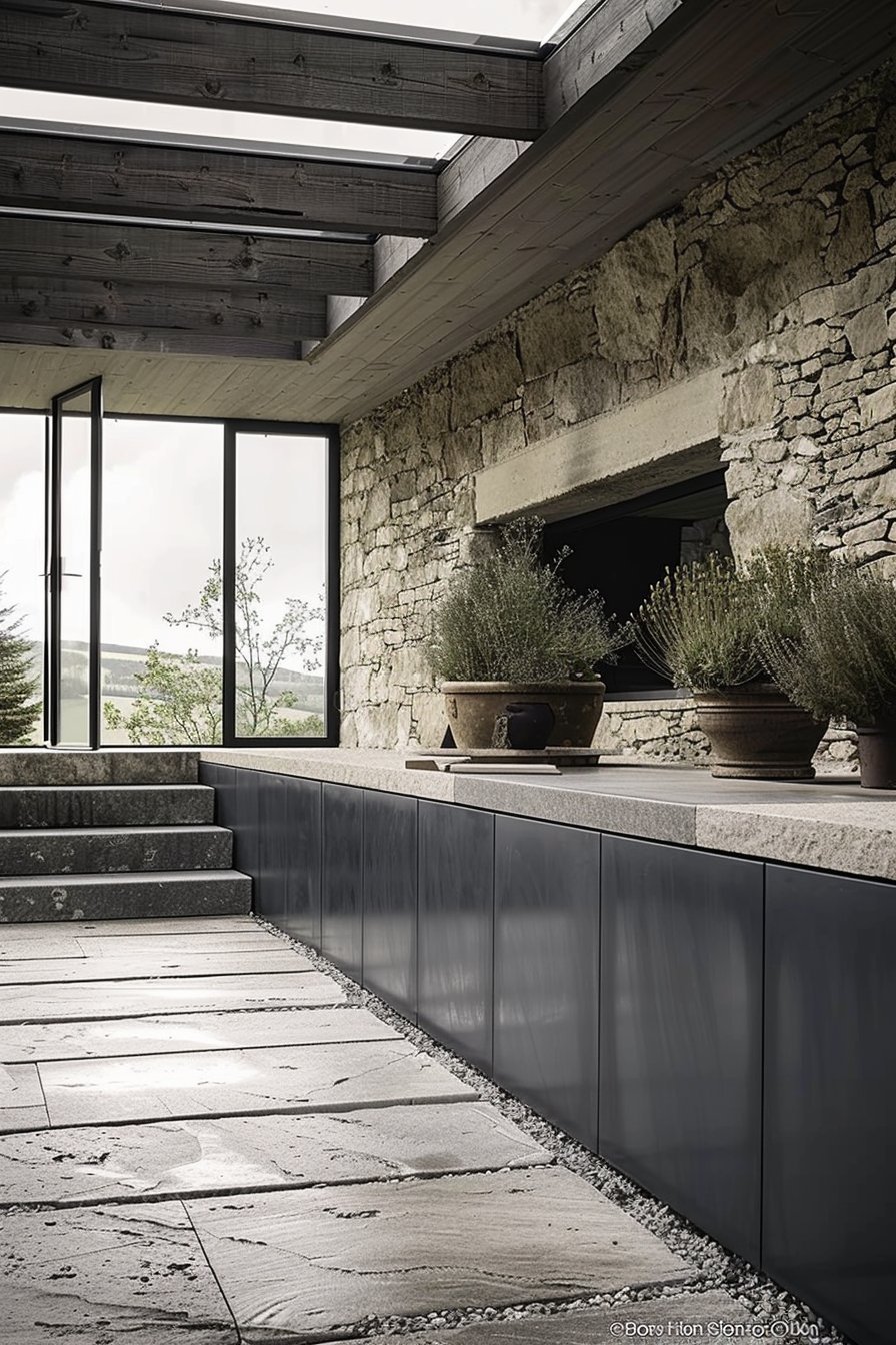 The scene shows a blend of modern and rustic architectural elements. There are large glass windows framed by thin black metal, offering a clear view of the outdoors. An old stone wall runs parallel to the glass facade, featuring a built-in recessed fireplace that currently does not have a fire. On top of the grey countertop in front of the stone wall, there are two large, weathered terracotta pots with lush lavender plants. The flooring is made of large, irregularly shaped stones, and there are steps leading upwards made of the same material, flanked by the same grey countertop material as the base. The overall aesthetic is sophisticated and minimalistic, with a touch of rustic charm through the use of natural materials and plants. Rustic-modern architectural design with stone wall, fireplace, and lavender plants.