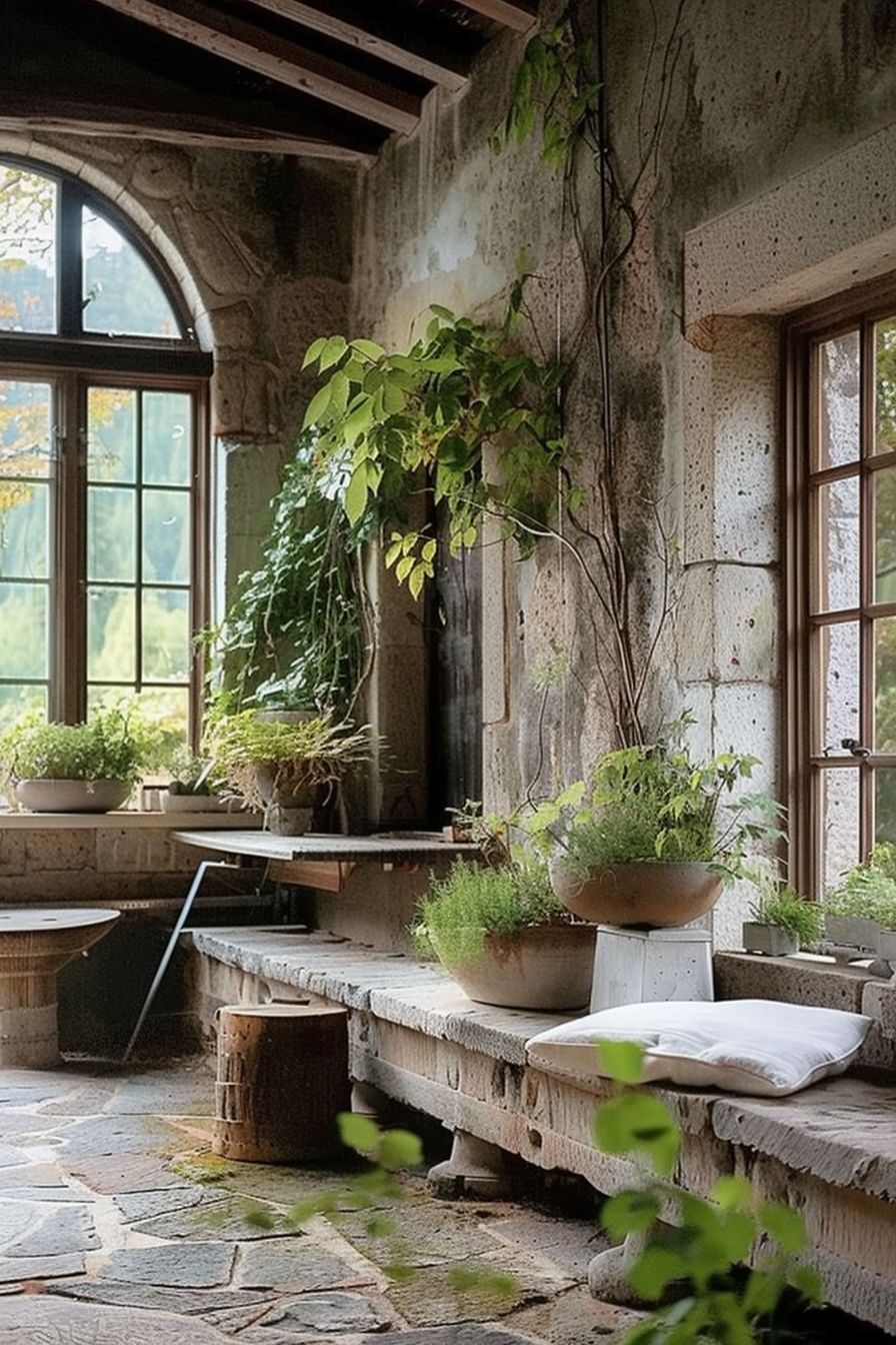 You're looking at a cozy rustic interior, likely a sunroom with stone walls and a large window letting in natural light. Various potted plants are spread throughout the space, some on a wooden ledge by the window and others on the floor, adding to the room's natural and tranquil ambiance. There is a single white cushion on a low bench, next to a small wooden stool. The flooring is stone tile, and it appears to be an old building due to the weathered surfaces and the design elements. Cozy rustic sunroom with plants by the window and stone architecture.