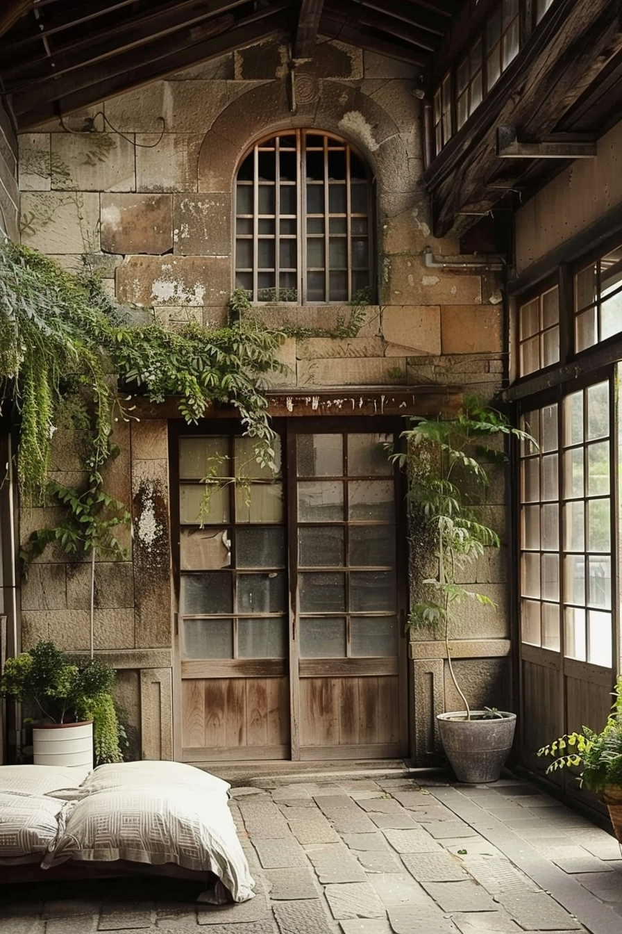 The scene shows an exterior corner of a rustic building with a charming blend of materials and textures. A weathered wooden door with translucent glass panes stands gracefully beside a large window with barred segments, hinting at an older architectural style. Above the door, a semicircular stone arch surrounds a barred window, contributing a medieval touch to the building's character. Plush-looking pillows rest on the stone pavement, inviting relaxation in this serene nook that's enlivened by cascading greenery. The plant life, both wild and potted, adds a touch of vitality, indicating a harmonious coexistence with nature as the ferns and vines softly drape over the stone and wood surfaces. Rustic building corner with wooden door, barred windows, and greenery with pillows on pavement.