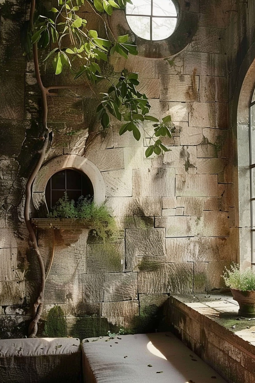 The scene depicts an ancient stone wall, partly covered in moss and foliage, showcasing a large, round window that allows sunlight to filter through. A tree grows against the wall, extending its branches into the room, and there are also small plants in pots. The light creates a tranquil and somewhat mystical atmosphere within what appears to be an old, abandoned structure. Sunlight filters through a round window onto ancient stone walls with a tree growing against it and potted plants.