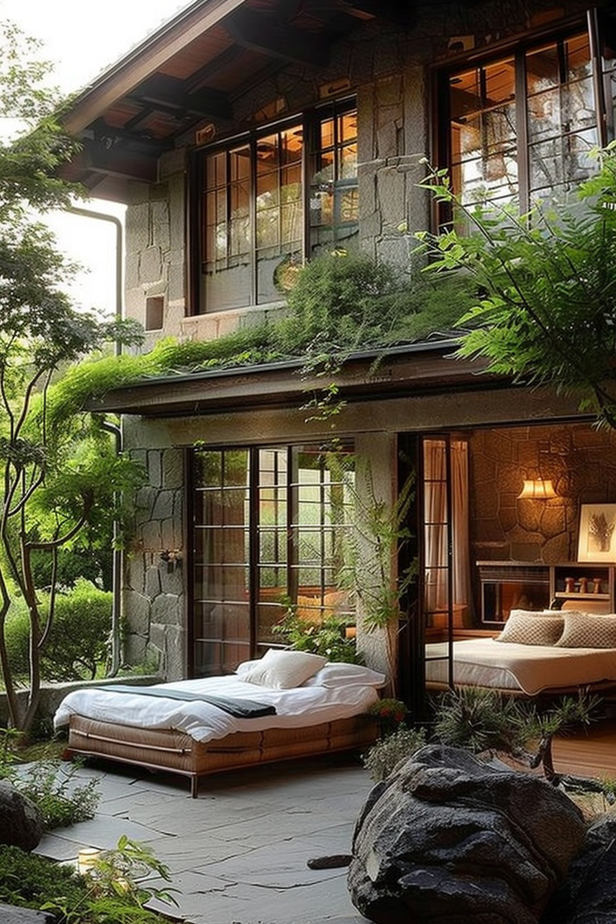 The scene shows an inviting outdoor sleeping area beside an elegant stone house with large windows. Surrounded by lush greenery and a well-manicured garden, two beds with white linens are positioned on a slate patio. Tranquility emanates from the soft lighting inside the house and the natural calm of the garden. Moss and plants grow on the roof, blending the structure with the landscape. Cozy outdoor bedroom on a slate patio with beds and linens, beside a stone house surrounded by lush greenery.