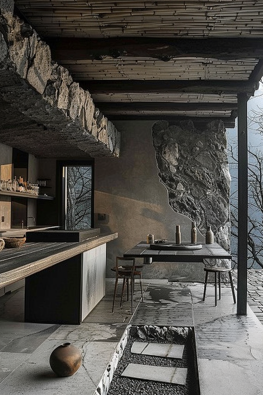 The scene is an interior space where natural rock formations integrate with modern design elements. A kitchen counter runs along the left side, with shelves above holding various kitchenware. The right side features a protruding rock wall. In the center, a dining table set for two sits atop a sleek stone floor. The far end opens to a view of trees through a floor-to-ceiling glass window, and above, bamboo canes form the ceiling texture, supported by metal beams. A round ceramic pot sits on the floor, adding an organic touch to the room. Modern kitchen and dining area seamlessly blending with natural rock formations and an outdoor view.