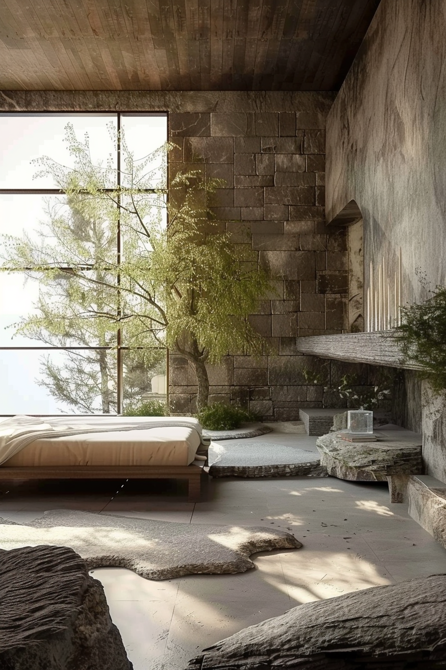 The scene is an elegant bedroom merging seamlessly with a natural environment. A modern low-profile bed is centrally placed, with linen bedding in neutral tones. The room's architecture features large glass windows that provide an unobstructed view of greenery outside, enhancing the connection to nature. Natural light floods the space, playing off the textural contrast between the smooth concrete ceiling, rough stone walls, and a floor partly covered with a pebble-like rug that extends toward rough natural stone at the foreground. The room embodies tranquility and minimalist luxury, with a side table supporting a clear decor piece, contributing to the serene ambiance. Minimalist bedroom with nature view through large windows, neutral tones, and stone textures.