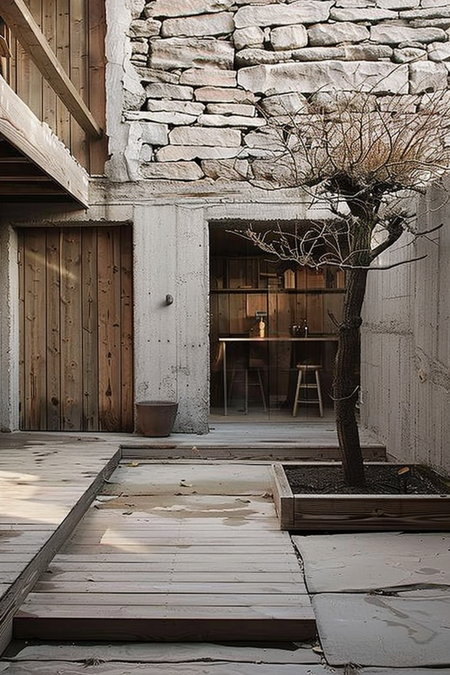 The scene shows an outdoor area with a weathered wooden deck leading to an open doorway. A leafless tree stands on the right, beside a concrete wall; part of its roots are visible above the soil. It appears to be a transitional space between interior and exterior, hinting at a rustic and minimalist design. Inside, a room with a simple wooden table and chair is visible, illuminated by natural light. The overall mood evokes a serene, almost monastic quality. Rustic wooden deck leading to an open doorway with a leafless tree showing minimalist interior design in the background.