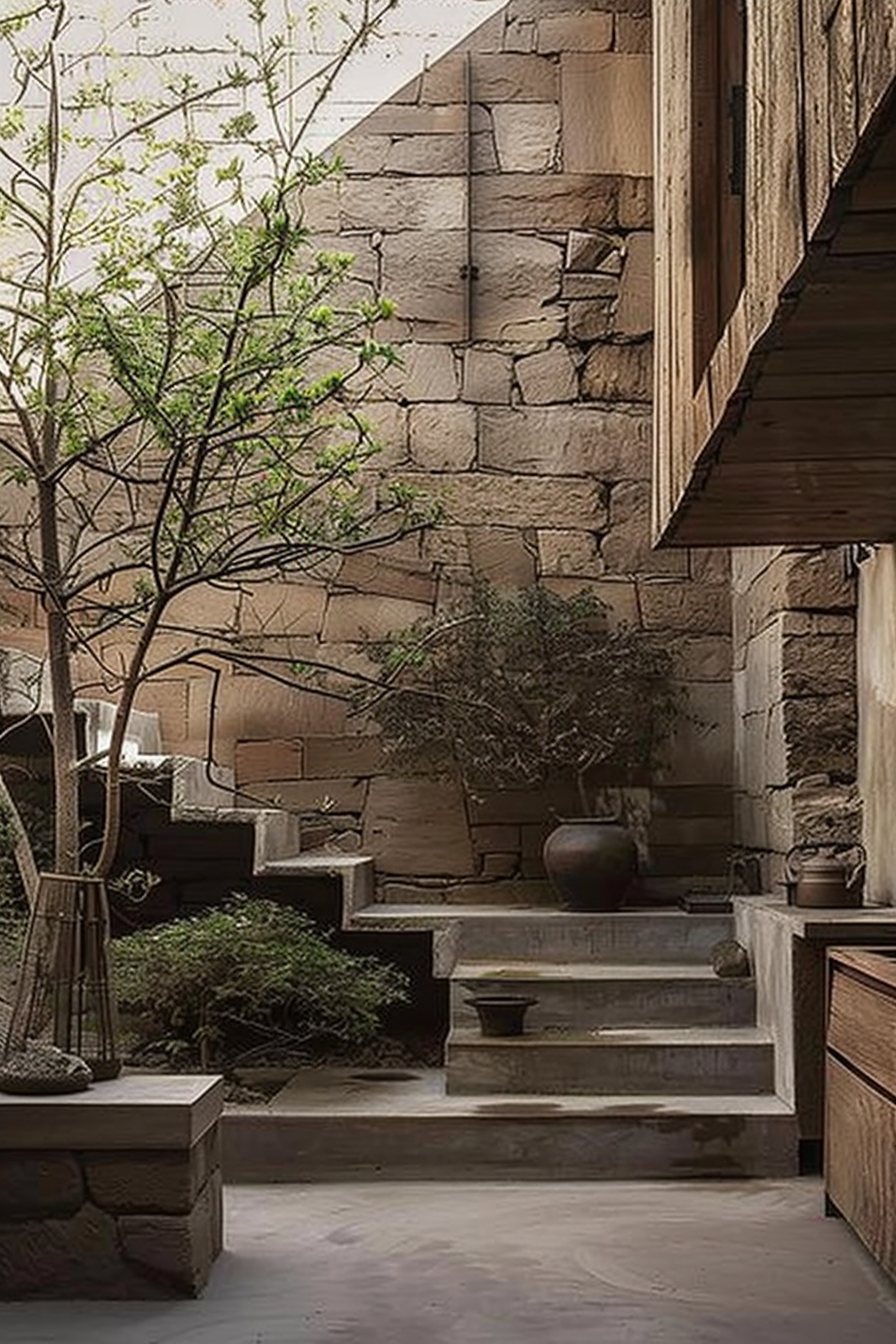 The scene shows a tranquil outdoor patio area with rustic charm. Stone steps lead up through the space, bordered by greenery and a mix of potted plants. The architecture has a weathered look, incorporating natural stone walls and a wooden beam that juts out as part of the building's facade. The overall atmosphere is one of serene, natural beauty, with the elements of wood and stone suggesting an integration with the environment around it. Tranquil patio with stone steps, green plants, and rustic architecture.