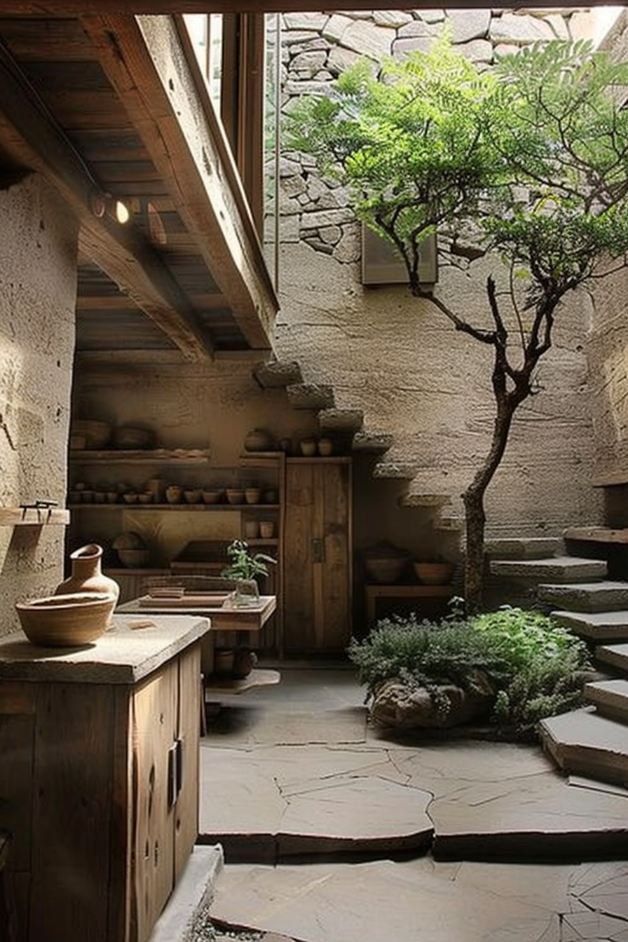 The scene shows a rustic indoor space resembling a courtyard or atrium. In the center, there's a small tree growing, surrounded by flat stone paving. Natural light filters in from above, illuminating the space. This area features traditional wooden beams, a stone wall, and stairs leading to another level. On the right, shelves with pottery and a wooden door suggest a storage or workshop area. The ambiance is serene and evokes a connection to nature within a traditionally constructed environment. Rustic indoor space with a tree, stone paving, wooden beams, and pottery on shelves.
