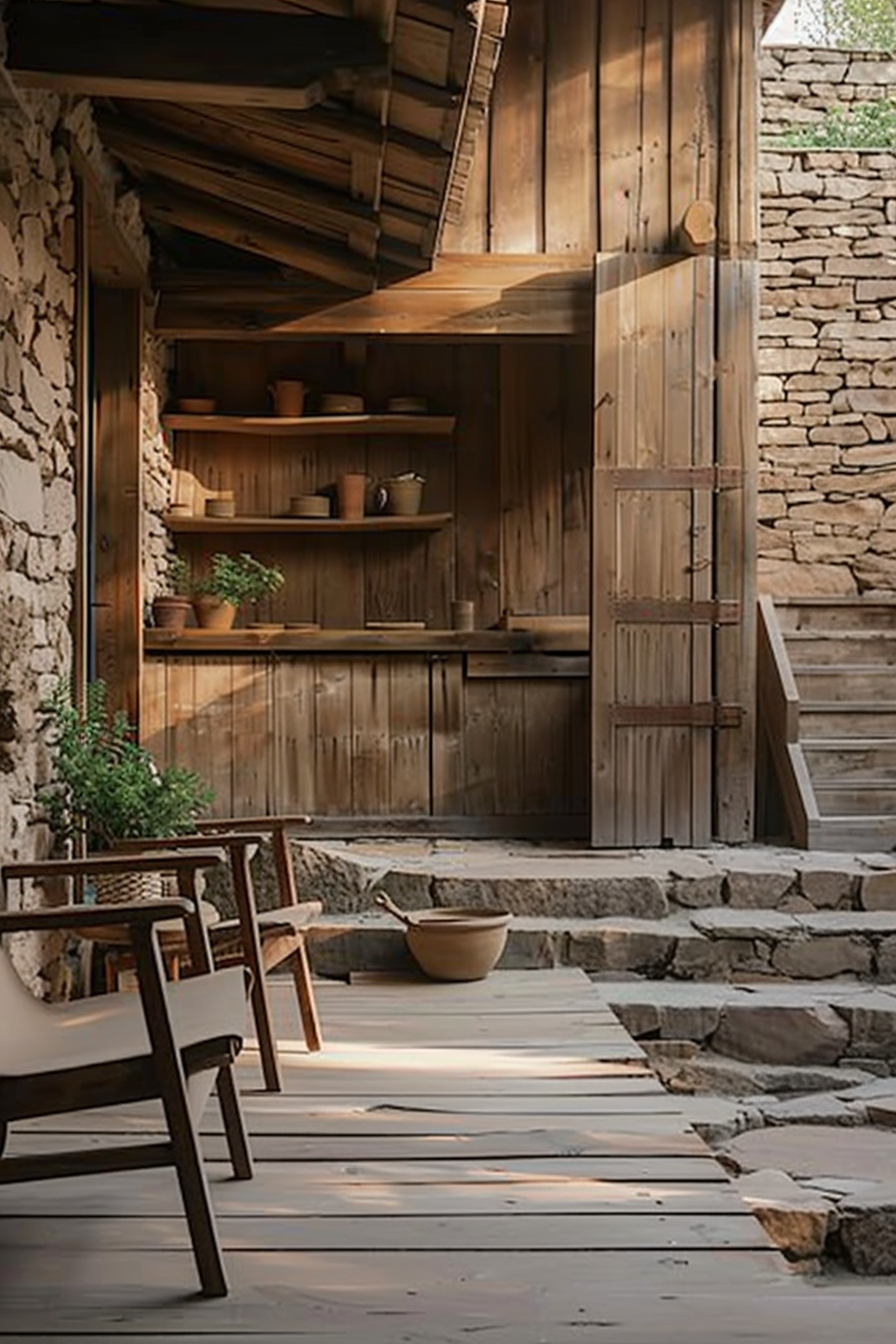 The scene shows a rustic outdoor area of what appears to be a traditional stone house with a wooden interior. A wooden door is open, leading into a cozy-looking room with shelves on the wall containing pottery. The flooring outside the door is made of uneven white wooden planks. A stone staircase descends alongside the house, leading to a lower level. In the foreground, there is a wooden chair with white cushions, suggesting an inviting space to sit and relax. There's also a large clay bowl on the ground next to the staircase. Rustic stone house with wooden interior, open door, pottery on shelves, and inviting chair with cushions.