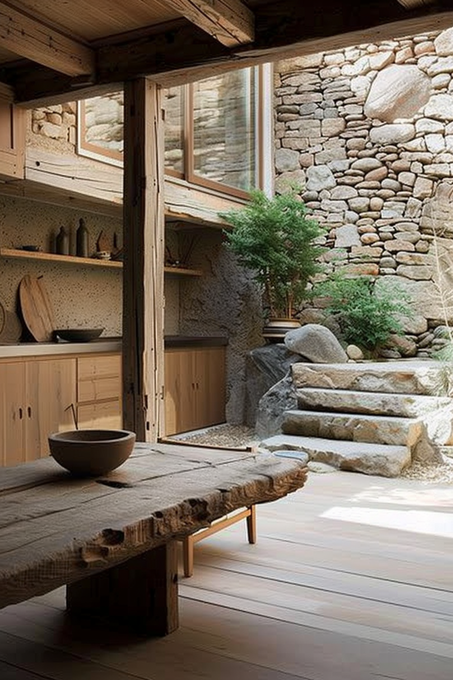 The scene depicts a rustic interior merging with a natural outdoor environment. In the foreground, there's a large, raw-edge wooden table with a shallow bowl on top. The flooring transitions from smooth, light wooden planks inside to natural stone steps leading outside. The view opens to a charming stone wall, and there's a lush green plant adding a touch of nature to the room. The warm, earthy tones and the use of natural materials create a serene and organic atmosphere. Rustic wooden table in a room with natural stone steps leading to an outdoor stone wall and green plant.