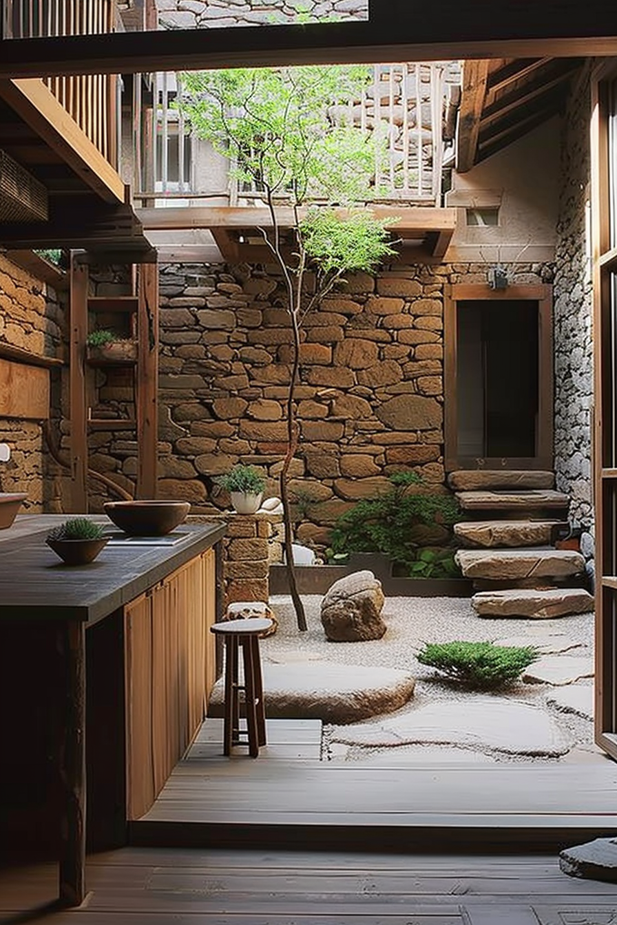 The scene depicts a traditional Japanese-style indoor space open to a serene Zen garden. The garden is surrounded by stone and wooden walls, and it features a neatly raked gravel area with a few carefully placed rocks and a small tree adding a touch of greenery. The indoor area has wooden floors and a low table with some potted plants on top. A wooden stairway can be seen in the background leading to another level of the house. The entire setting conveys a sense of tranquility and harmony with nature. Tranquil indoor space with wooden floors open to a Zen garden with raked gravel, rocks, and a small tree.