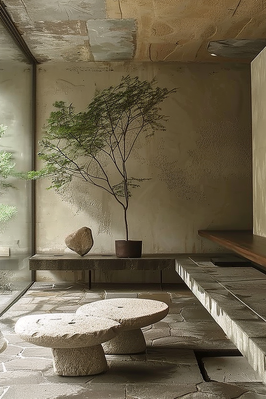 The scene features a calm and minimalist interior with a rustic stone bench in the foreground coupled with what appears to be a matching low table. A slender tree is displayed in a simple pot to the side, and a single asymmetrical stone rests on the bench. The setting exudes a tranquil, Zen-like atmosphere with its earth tones and natural elements. Sunlight filters in softly, casting delicate shadows and enhancing the serene vibe of the space. The walls and floor have a textured, unfinished look, suggesting an adherence to wabi-sabi design principles that embrace imperfection. Minimalist Zen-inspired interior with stone bench, low table, potted tree, and single stone, in a room with textured walls and floor.