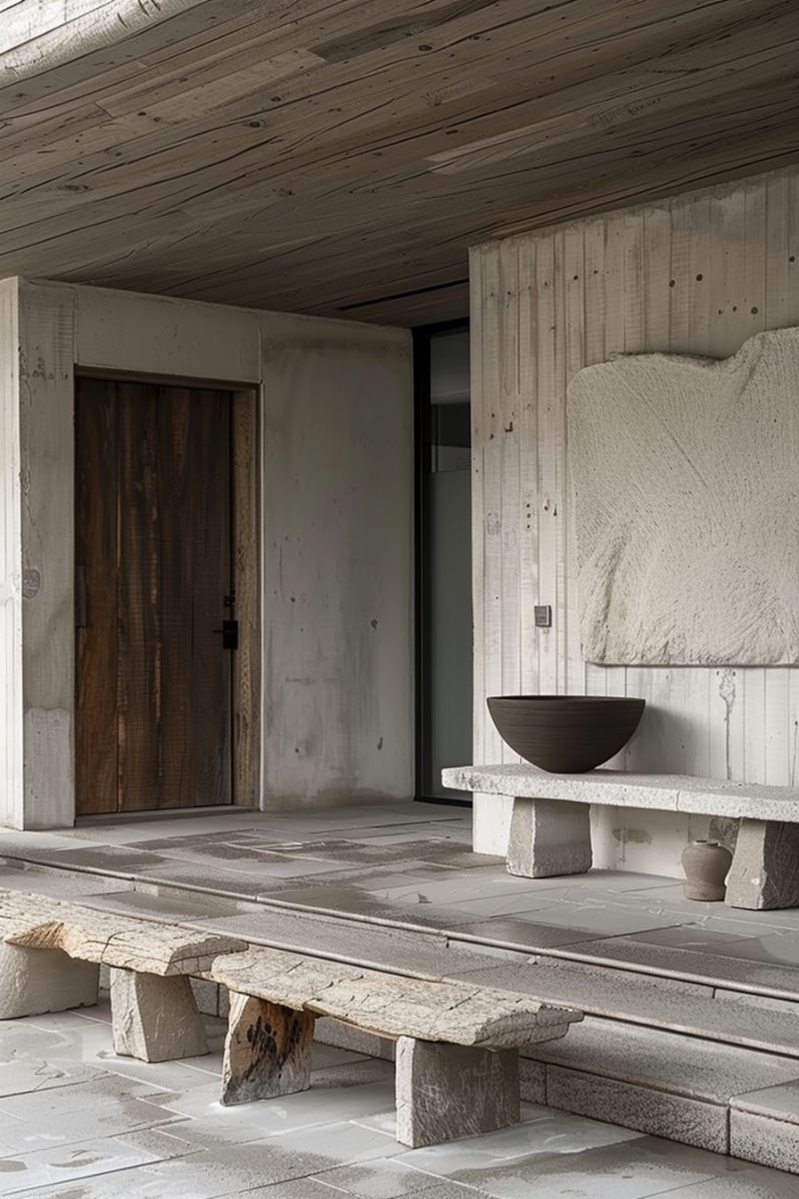 The scene shows a modern, minimalist architectural space with raw concrete walls and ceiling. There is a wooden door partially open, revealing a glimpse of the interior space. In the foreground, a long, rough-hewn stone bench stretches across the image, accompanied by a smaller stone bench perpendicular to it. A dark bowl rests on the larger bench, adding a touch of elegance to the rustic textures. Light and shadow play across the scene, highlighting the natural materials and simple forms. Minimalist architecture with concrete walls, wooden door, stone benches, and a dark bowl.