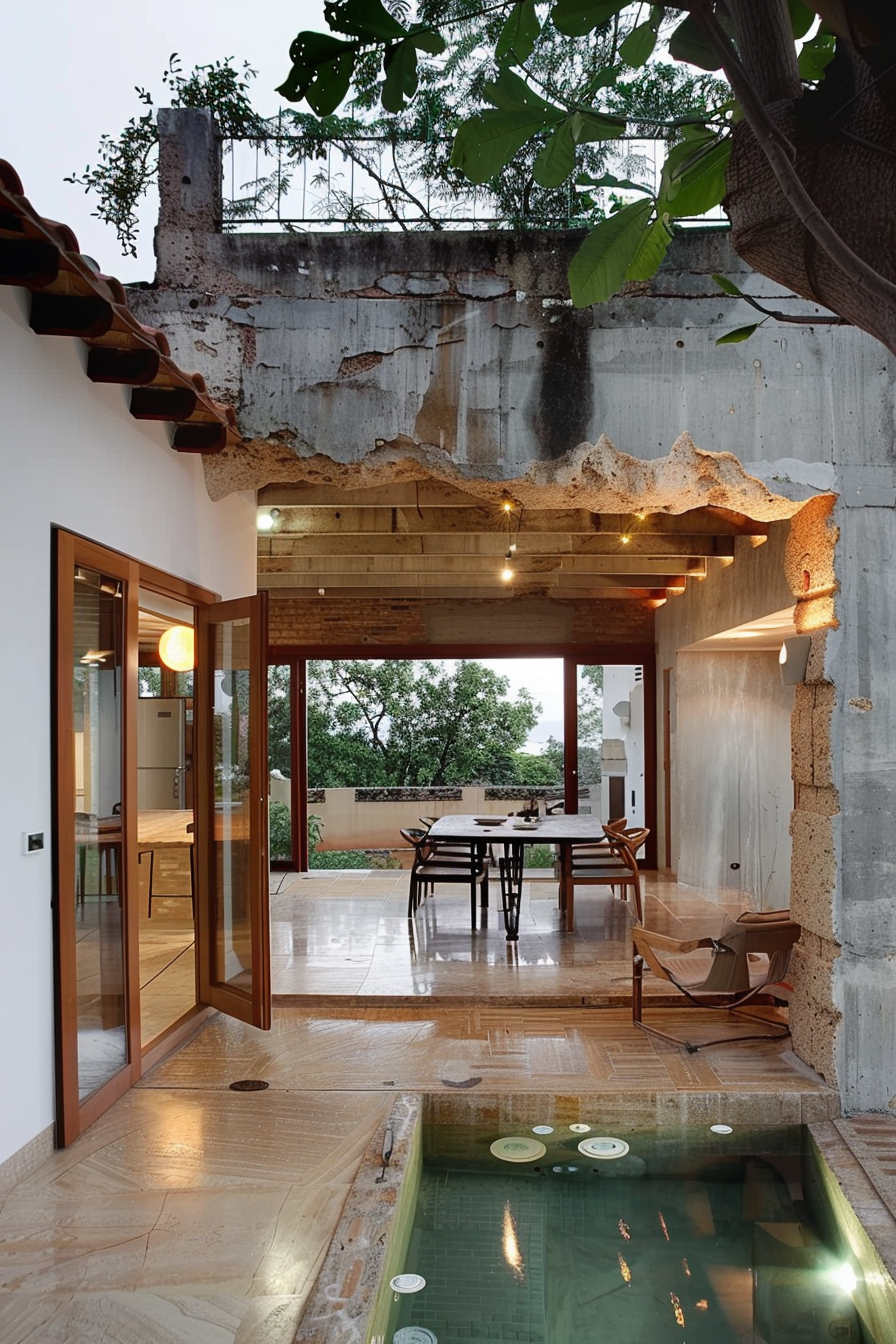 The photo shows a modern indoor space that seamlessly integrates with an outdoor area. The indoor space has a sleek, wooden floor that transitions smoothly to a small, indoor pool with green tiles. A stylish wooden dining table with chairs is situated in the outdoor area, which appears to be covered by a canopy of green foliage. The back wall of the outdoor space retains a rustic, weathered appearance, with remnants of old plaster and exposed brickwork, providing a contrast to the polished floors and contemporary furniture. The setting creates a tranquil, harmonious blend of natural and manmade elements. Modern indoor-outdoor space with a small pool, wooden floors, and rustic back wall.