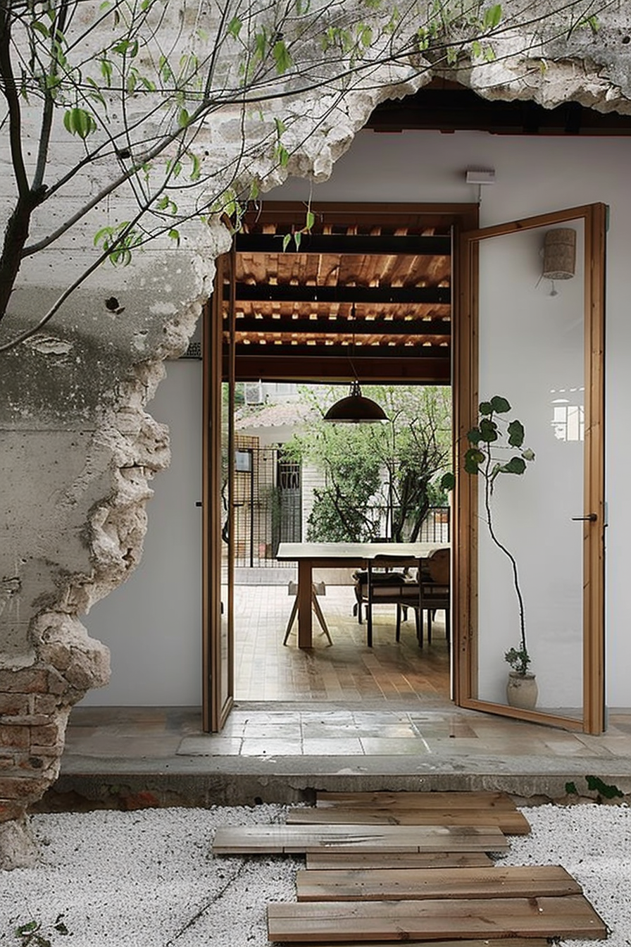 An open door leads to a cozy dining area with a wooden table and chairs, visible through a frame of rough stone walls and a wooden pergola overhead. A single pendant light hangs above the table and a small tree in a pot adds a touch of greenery next to the door. Cozy dining area seen through an open door with stone walls and a wooden pergola.