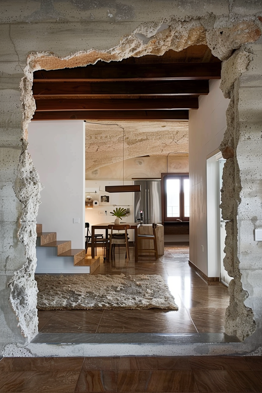 You are looking through a roughly broken wall opening into a modern interior space. The view frames a contemporary kitchen and dining area with wooden beams on the ceiling, sleek furniture, and modern lighting. A stylish staircase with cubic wooden steps is partially visible to the left, merging into the raw concrete texture of the wall. A plush area rug lies on the polished stone floor, adding warmth to the scene. View through a rough opening showing a modern kitchen and dining area with wooden staircase and plush rug.