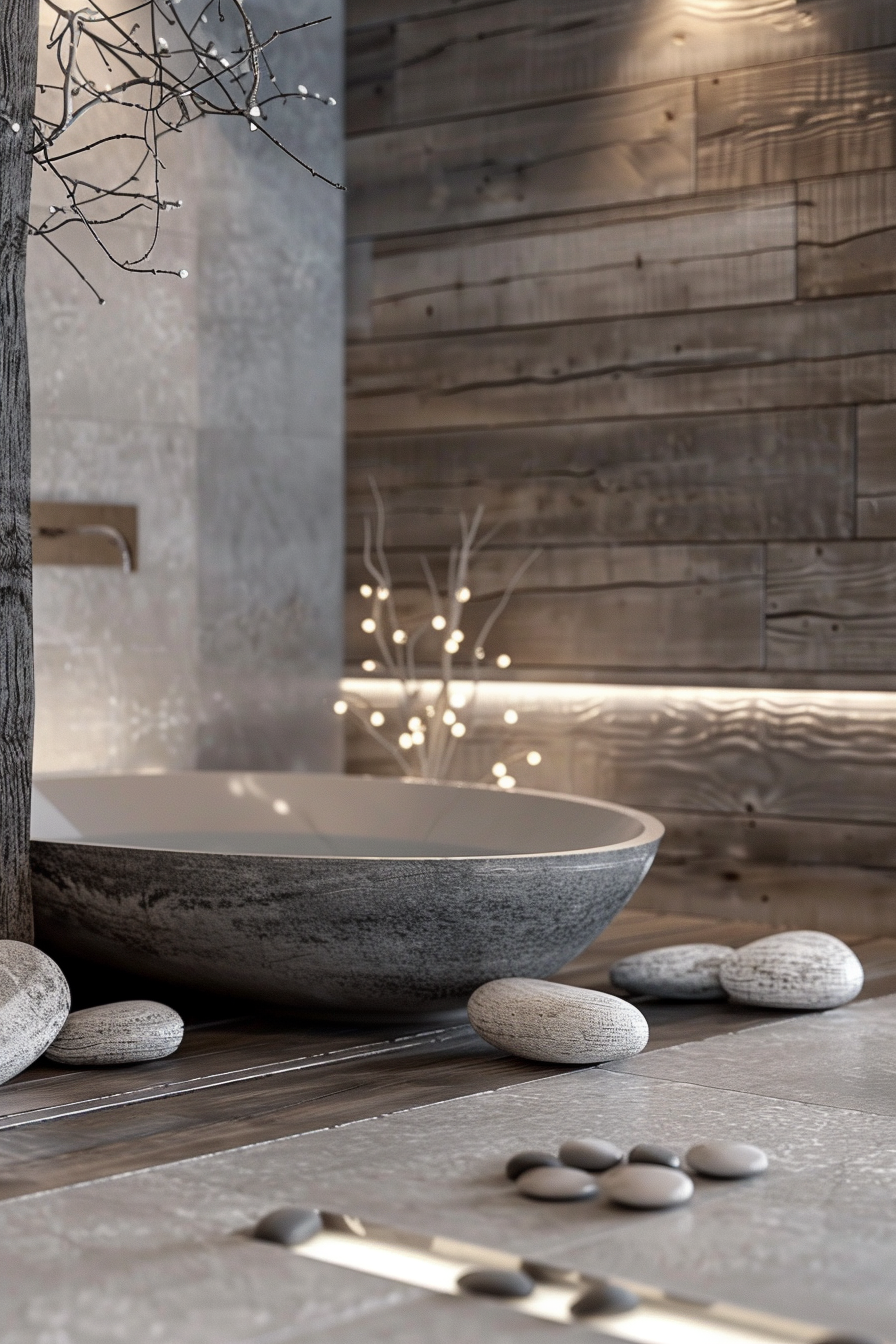 The image depicts a modern, tranquil bathroom setting with a focus on a stylish freestanding bathtub. The bathtub looks large and oval, with a stone-like texture, and it's set on a tiled floor that resembles slabs of stone. A wooden wall in the background adds warmth to the space, while small, polished pebbles are scattered decoratively around the tub. Additional decorative details include a subtle, artificial white branch with glowing lights, which casts a gentle illumination over the space. The serene atmosphere is complemented by minimalistic design elements. Stylish bathroom with textured stone bathtub, wooden walls, and decorative pebbles.