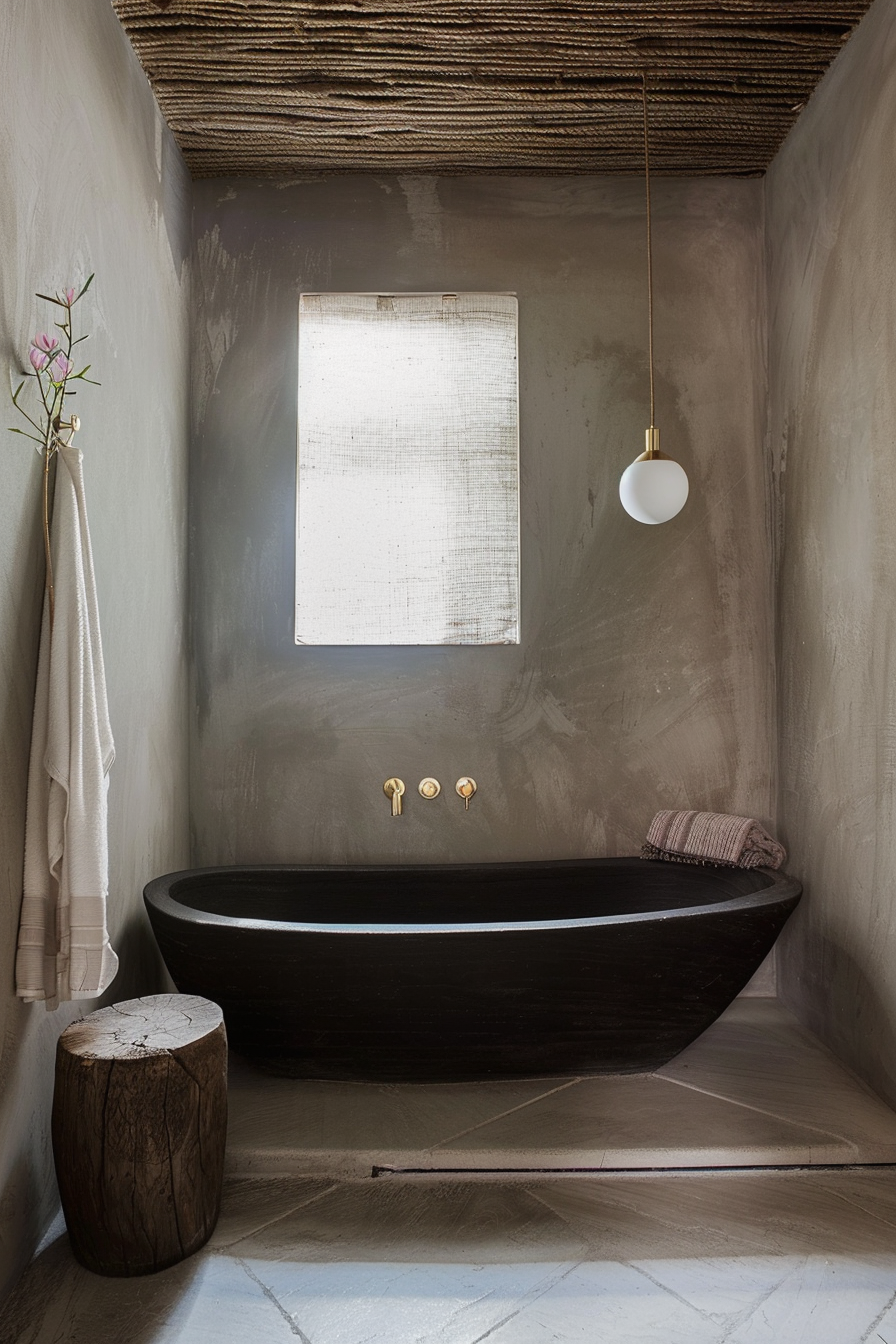 The image shows a modern bathroom interior with rustic elements. A sleek, oval-shaped black bathtub is prominently featured in the center, resting on a smooth, light-colored floor that contrasts with the tub's dark tones. Above the bathtub, a single pendant light with a white globe hangs from a textured ceiling that catches the eye with its horizontal layered pattern, which adds an organic feel to the space. On the wall adjacent to the bathtub, there are three wall-mounted taps with a metallic finish, suggesting a minimalist design approach for the fixtures. A small rectangular window with a sheer white covering permits diffused natural light to enter, contributing to the serene atmosphere. To the left, a white towel hangs on a wall-mounted rack, and next to it, a single branch with a couple of pink flowers in a slender vase introduces a touch of nature and color. On the right side of the bathtub lies a brown textured towel, ready for use, and a round wooden stool stands by as a functional yet aesthetic element. For alt text, consider: Modern rustic bathroom with a black oval bathtub, layered ceiling, and minimalist decor.
